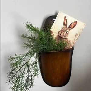 Metal Wall Pocket with Greenery and Rabbit Art (vintage inspired postcard)